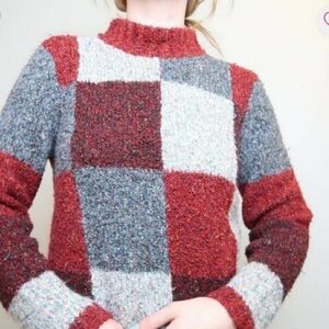 Christopher & Banks Womens Vintage Y2K Burgundy Gray Check Knit Sweater Sz S